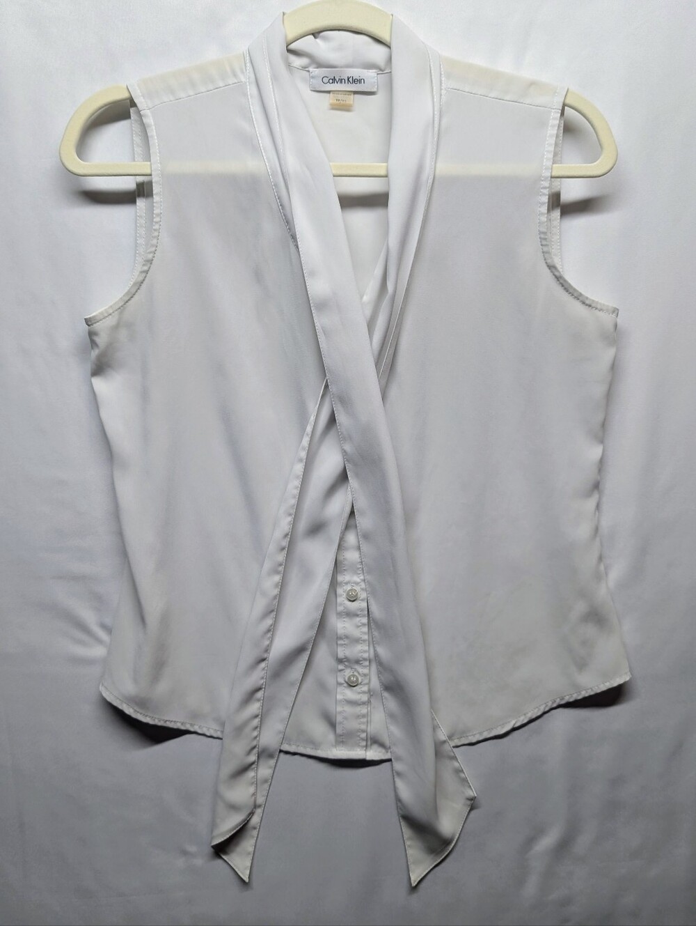 481-Calvin Klein White Sleeveless Tie-Front Blouse